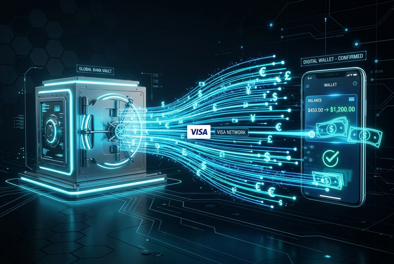 Graphic showing the rapid flow of funds via Visa Direct technology