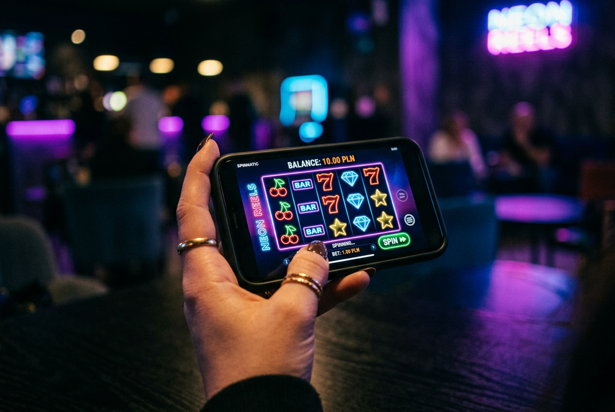 Close-up of a mobile device playing a digital slot game with a balance of 10 PLN.