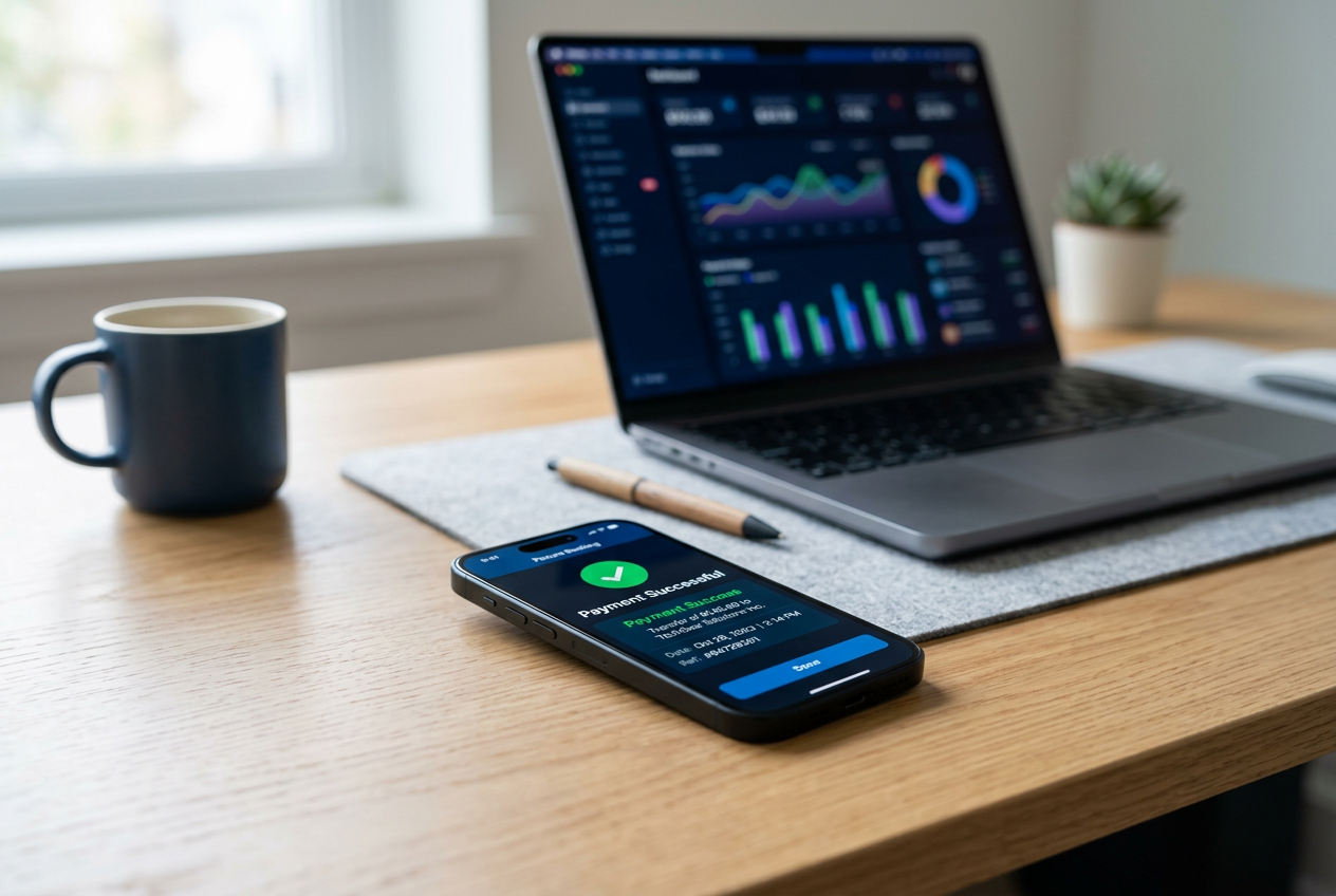 Modern smartphone showing a successful payment transaction during a technical audit.